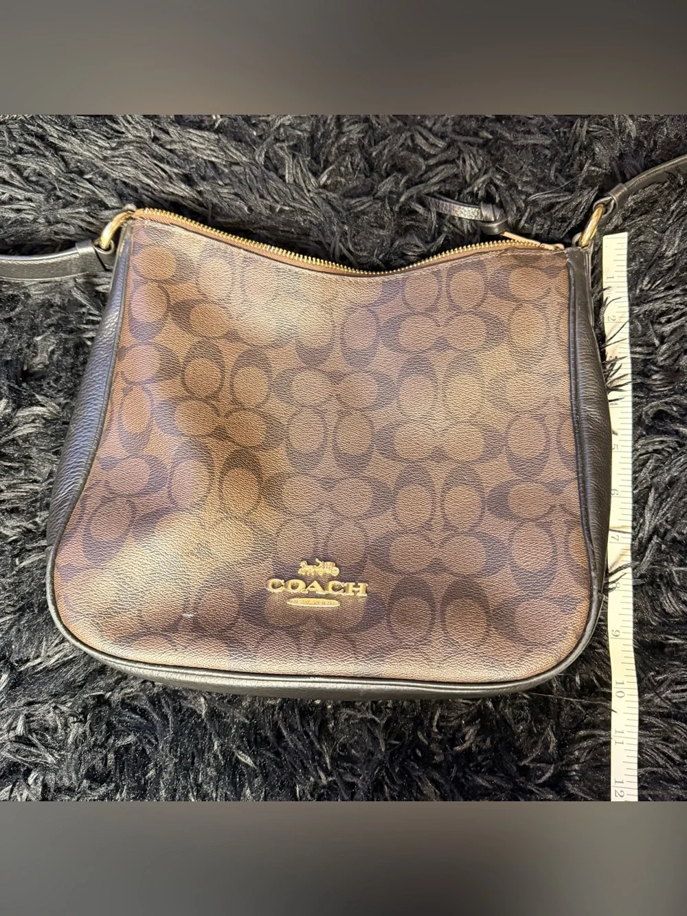 Coach Signature Brown Black Medium Zip Top Crossbody Bag Gold Hardware